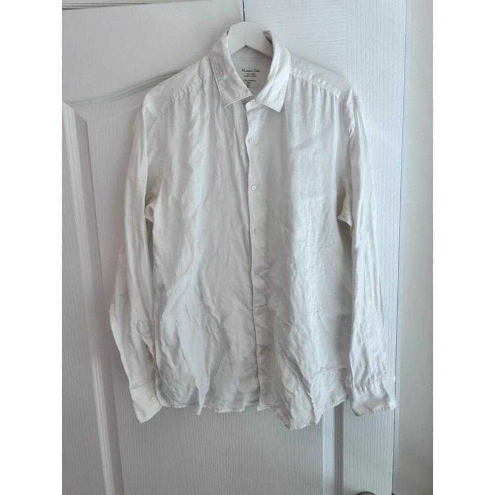 Massimo Dutti Men White 100% Linen Long Sleeve Shirt Large Old Money Summer Chic